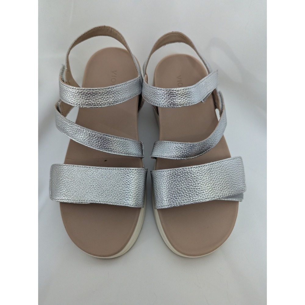Vionic Sophia Silver Metallic Leather Platform Sandals Womens 8 Adjustable Strap
